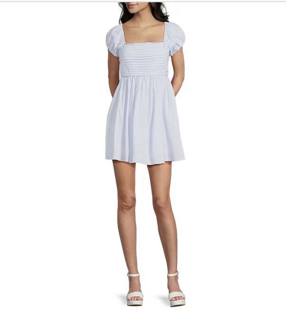 Copper Key blue Square Neck Short Sleeve Pleated Poplin puff sleeve dress Sz M